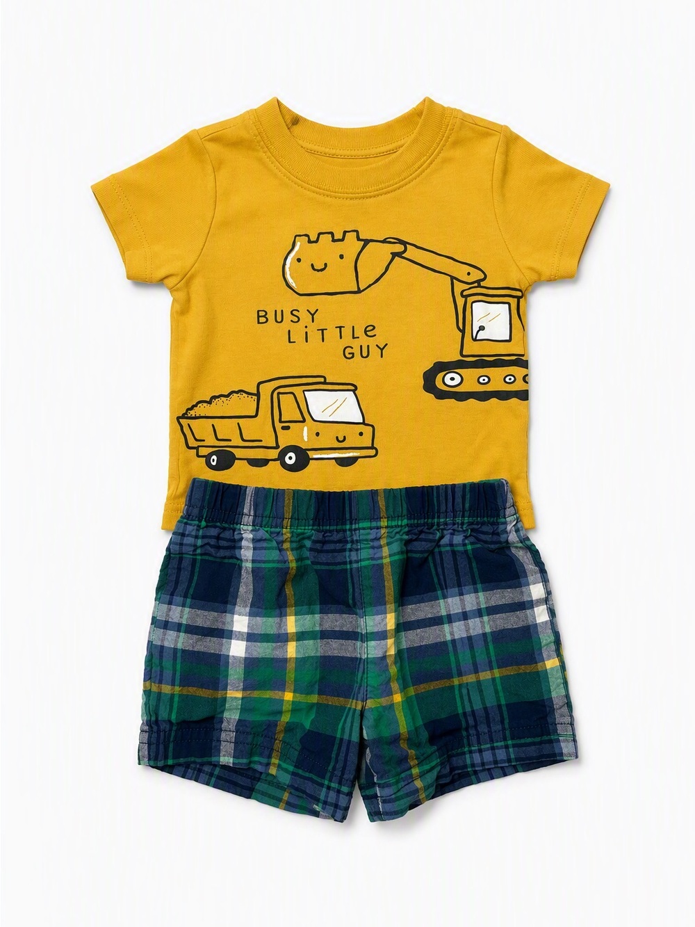 5/15$ Carter's Mustard Yellow Busy Little Guy Construction Body & Plaid Short 3M